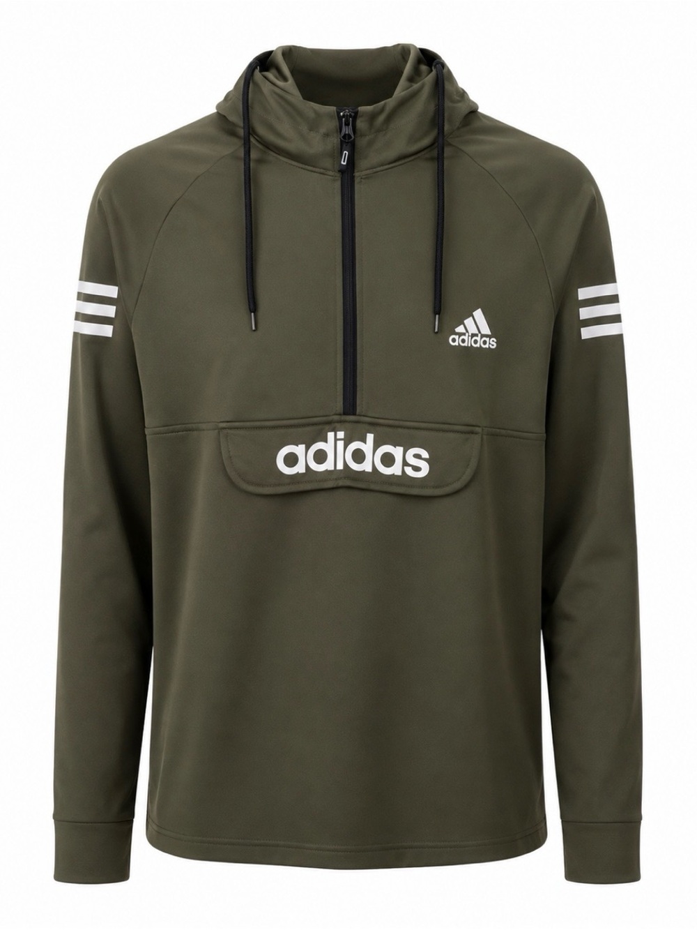 adidas Olive Green Half-Zip Hooded Pullover with Logo